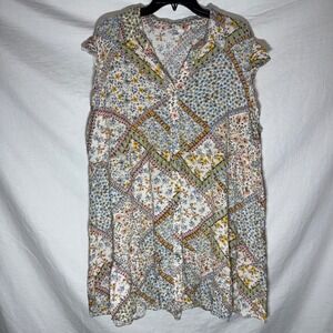 AUW Womens 3X Floral Patchwork Sleeveless Button Down Ruffle Tunic Boho Top